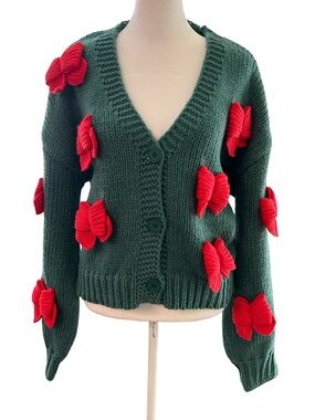 Luna Ivy Anthropologie Chunky Knit 3D Red Bow Coquette Holiday Sweater NWT MD